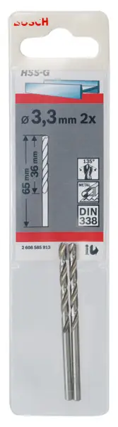 Must-Have BOSCH Metallbohrer HSS-G, DIN 338, 3,3 x 36 x 65 mm, 2er-Pack