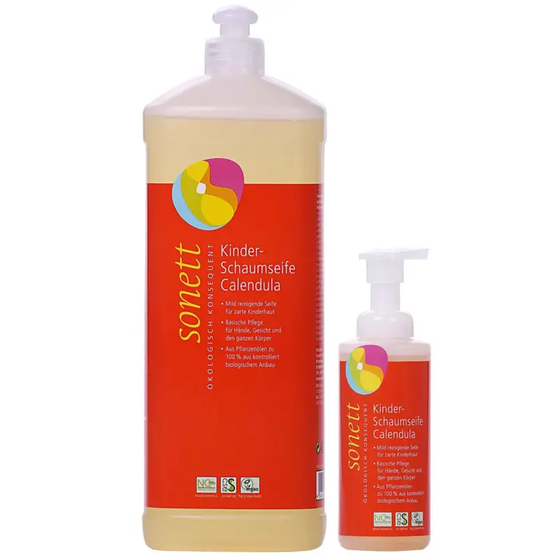 SONETT Kinder Schaumseife Calendula 1 Liter Nachfüllflasche + 200 ml Schaumspender Preis Gesenkt