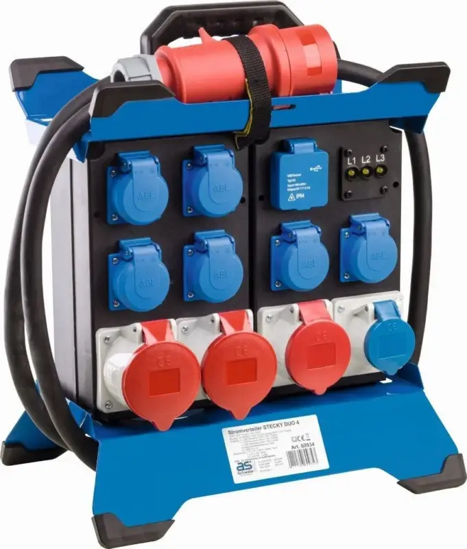 Stromverteiler Stecky DUO 4, 6x Schutzkontakt, 1x CEE400V16A 2xCEE400V32A, 1xCEE 230V3polig, 2x USB, Phasenanzeige, FI40A, 3,4m Must-Have