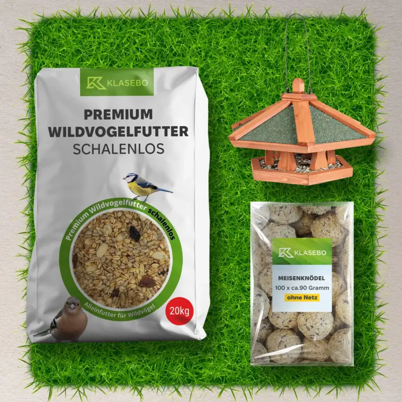 Preis Gesenkt Wildvogelfutter Komplett-Set: Meisenknödel mit Insekten 100 Stk. à ca. 90g netzlos, hängendes Futterhaus aus Kiefernholz 42x24cm, Wildvogelfutter schalenfrei 20kg