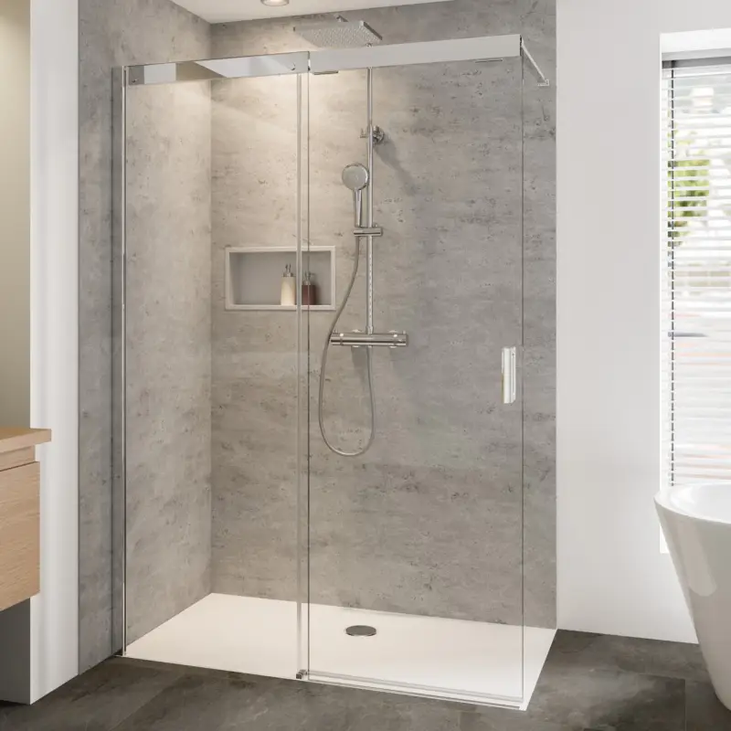 Breuer Panorama Soft & Silent Walk-In Schiebetür alleinstehend Türanschlag links Klarglas hell 160 cm - Alu Chromeffekt Neue Ware
