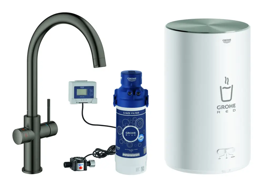 Bestseller Grohe Red Duo Spültischarmatur mit C-Auslauf und Boiler Größe M - Hard Graphite gebürstet