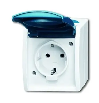 Schnäppchen Busch-Jaeger Steckdose 1fach grau/blau-grün matt Aufputz horizontal/vertikal mit Klappdeckel IP44 Komplettgehäuse