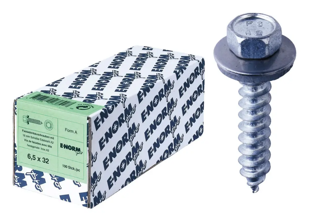 E-NORMpro Fassadenschraube Edelstahl A2 6,5 x 19 mm Dichtscheibe 16 mm(Verpackungseinheit: 100Stück) Neu