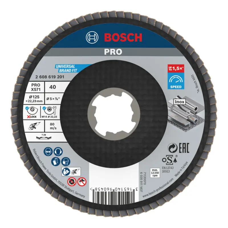 Bosch Pro X571 X-Lock Fächerschleifscheibe, gewinkelt, 125 mm, G40(Verpackungseinheit: 10Stück) Beliebt