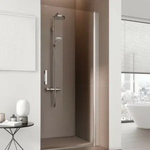 Kermi Pega Pendeltür 1-flügelig für Nische mit Streifdichtung Milchglas SR Opaco mit Beschichtung KermiClean Anschlag rechts Silber Hochglanz Montage auf Duschwanne oder bodengleich 88 cm x 200 cm Markenprodukt