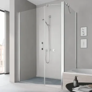 Abverkauf Kermi Pega Pendeltür 1-flügelig und Festfeld für Nische oder Seitenwand Strukturglas SR Arena C mit Beschichtung KermiClean Anschlag links Silber Hochglanz Montage auf Duschwanne 120 cm x 200 cm