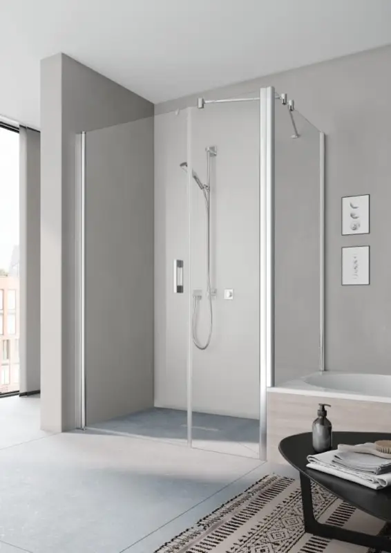 Direktkauf Kermi Pega Pendeltür 1-flügelig und Festfeld für Nische oder Seitenwand Milchglas SR Opaco Anschlag links Silber Hochglanz Montage bodengleich 153 cm x 200 cm