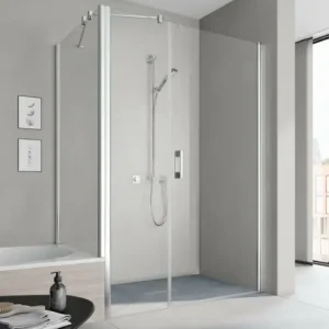 Aktuell Kermi Pega Pendeltür 1-flügelig und Festfeld für Nische oder Seitenwand Milchglas SR Opaco mit Beschichtung KermiClean Anschlag rechts Silber Hochglanz Montage auf Duschwanne 150 cm x 185 cm