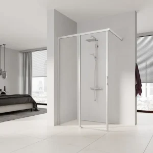 Kermi Liga Walk-In Wall Gleittür mit einem Festfeld Klarglas hell Anschlag links Silber mattglanz Montage auf Duschwanne oder bodengleich 120 cm x 185 cm Neu