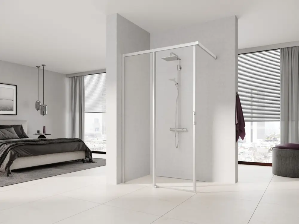 Nur Heute Kermi Liga Walk-In Wall Gleittür mit einem Festfeld Klarglas hell mit Beschichtung KermiClean Anschlag links Silber Hochglanz Montage auf Duschwanne oder bodengleich 120 cm x 185 cm