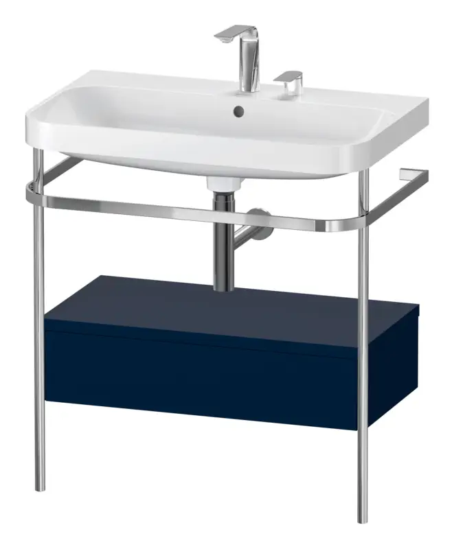 Abverkauf Duravit Happy D.2 Plus c-shaped Komplett-Set bodenstehend mit Metallkonsole und Schubkasten mit 2 Hahnlöchern 775 x 850 x 490 mm - Nachtblau Seidenmatt