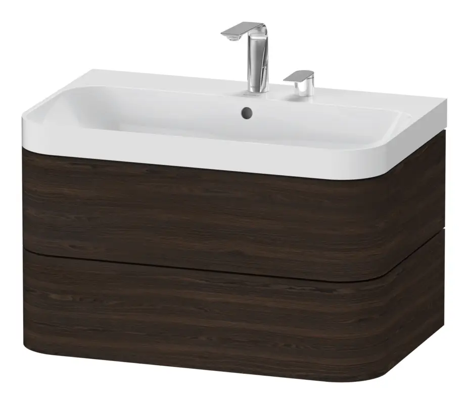 Duravit Happy D.2 Plus c-Shaped Komplett-Set wandhängend mit 2 Auszügen mit 2 Hahnlöchern 775 x 480 x 490 mm - Nussbaum gebürstet Matt Sichere Zahlung