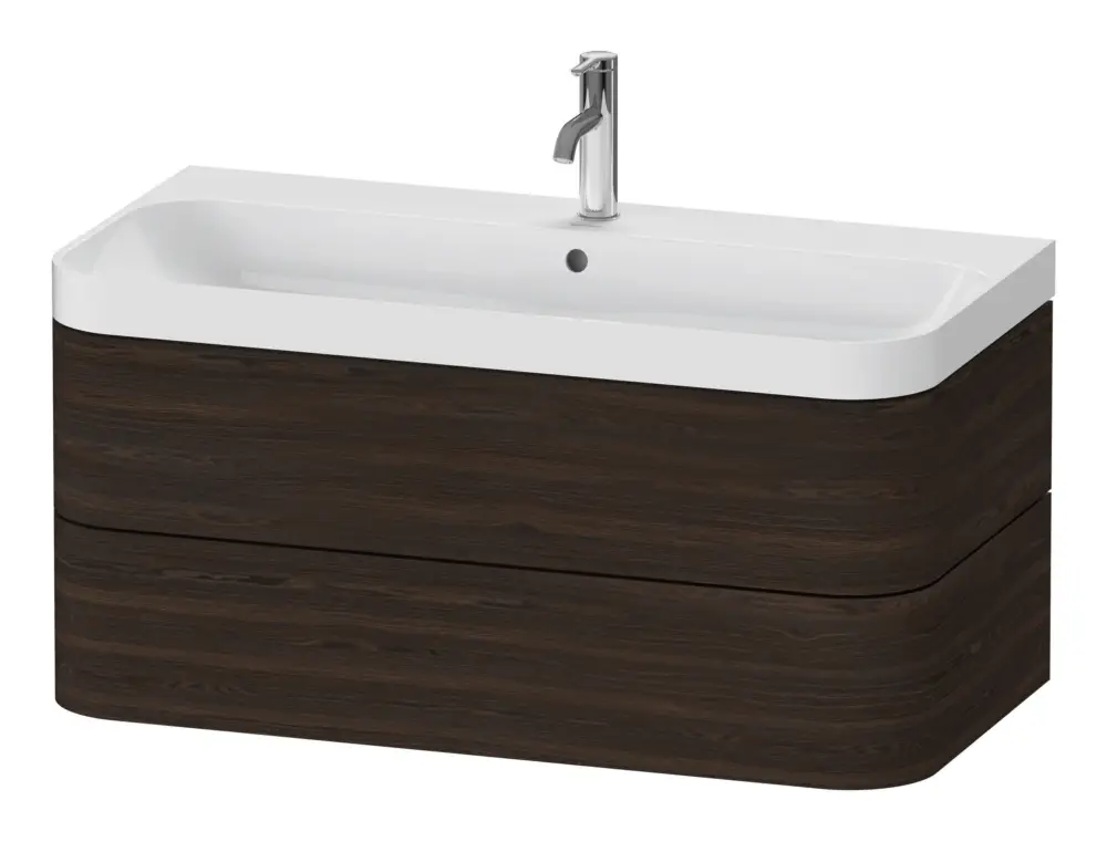 Finale Aktion Duravit Happy D.2 Plus c-Shaped Komplett-Set wandhängend mit 2 Auszügen mit 1 Hahnloch 975 x 480 x 490 mm - Nussbaum gebürstet Matt