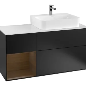 Villeroy & Boch Finion Waschbeckenunterschrank für Becken rechts Regal links für Finion / Memento 2.0 3 Auszüge mit Beleuchtung (3x LED) 1200 x 603 x 501 mm - Black Matt Lacquer / Walnut Veneer / Glass White Matt Highlight