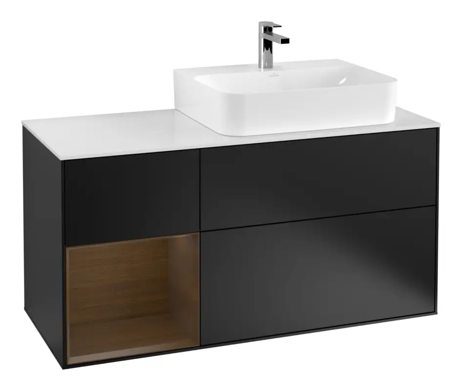 Villeroy & Boch Finion Waschbeckenunterschrank für Becken rechts Regal links für Finion / Memento 2.0 3 Auszüge mit Beleuchtung (3x LED) 1200 x 603 x 501 mm - Black Matt Lacquer / Walnut Veneer / Glass White Matt Highlight