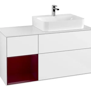 Rabatt Villeroy & Boch Finion Waschbeckenunterschrank für Becken rechts Regal links für Finion / Memento 2.0 3 Auszüge mit Beleuchtung (3x LED) 1200 x 603 x 501 mm - Glossy White Lacquer / Peony Matt Lacquer / Glass White Matt
