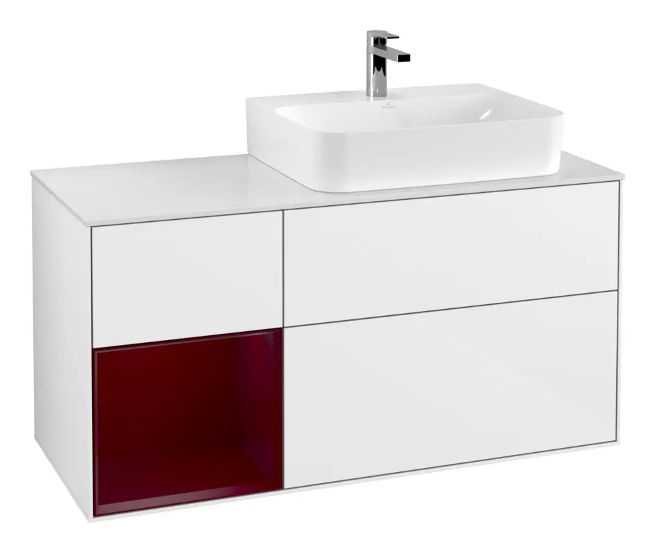 Rabatt Villeroy & Boch Finion Waschbeckenunterschrank für Becken rechts Regal links für Finion / Memento 2.0 3 Auszüge mit Beleuchtung (3x LED) 1200 x 603 x 501 mm - Glossy White Lacquer / Peony Matt Lacquer / Glass White Matt