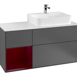 Villeroy & Boch Finion Waschbeckenunterschrank für Becken rechts Regal links für Finion / Memento 2.0 3 Auszüge mit Beleuchtung (3x LED) 1200 x 603 x 501 mm - Anthracite Matt Lacquer / Peony Matt Lacquer / Glass White Matt Aktuell