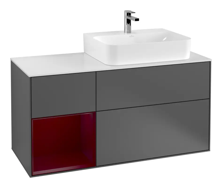 Villeroy & Boch Finion Waschbeckenunterschrank für Becken rechts Regal links für Finion / Memento 2.0 3 Auszüge mit Beleuchtung (3x LED) 1200 x 603 x 501 mm - Anthracite Matt Lacquer / Peony Matt Lacquer / Glass White Matt Aktuell