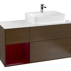 Villeroy & Boch Finion Waschbeckenunterschrank für Becken rechts Regal links für Finion / Memento 2.0 3 Auszüge mit Beleuchtung (3x LED) 1200 x 603 x 501 mm - Walnut Veneer / Peony Matt Lacquer / Glass White Matt Preiswert