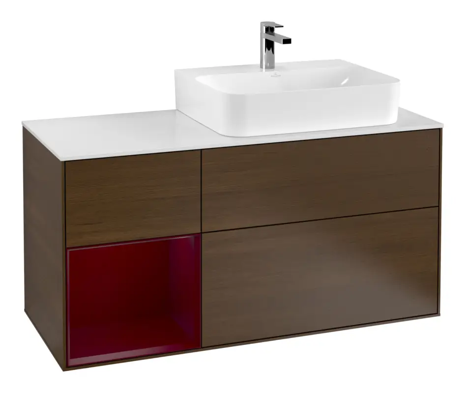 Villeroy & Boch Finion Waschbeckenunterschrank für Becken rechts Regal links für Finion / Memento 2.0 3 Auszüge mit Beleuchtung (3x LED) 1200 x 603 x 501 mm - Walnut Veneer / Peony Matt Lacquer / Glass White Matt Preiswert