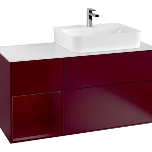 Villeroy & Boch Finion Waschbeckenunterschrank für Becken rechts Regal links für Finion / Memento 2.0 3 Auszüge mit Beleuchtung (3x LED) 1200 x 603 x 501 mm - Peony Matt Lacquer / Glass White Matt Sonderaktion