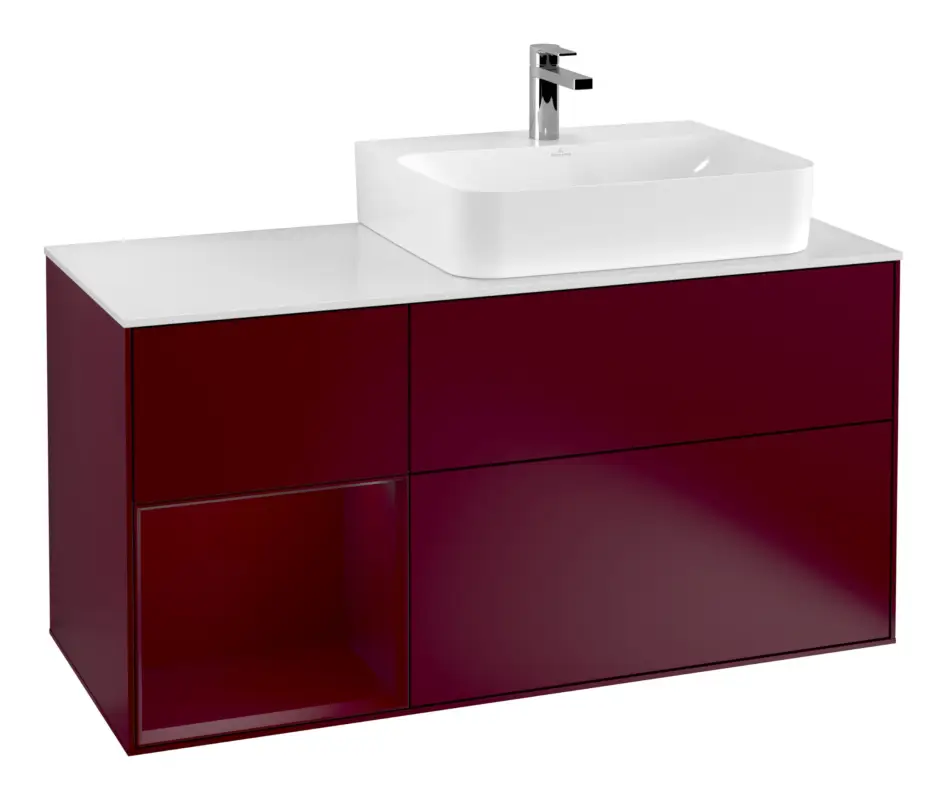 Villeroy & Boch Finion Waschbeckenunterschrank für Becken rechts Regal links für Finion / Memento 2.0 3 Auszüge mit Beleuchtung (3x LED) 1200 x 603 x 501 mm - Peony Matt Lacquer / Glass White Matt Sonderaktion