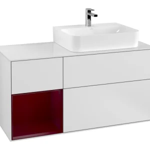 Villeroy & Boch Finion Waschbeckenunterschrank für Becken rechts Regal links für Finion / Memento 2.0 3 Auszüge mit Beleuchtung (3x LED) 1200 x 603 x 501 mm - White Matt Lacquer / Peony Matt Lacquer / Glass White Matt Angebot