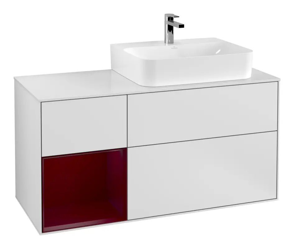 Villeroy & Boch Finion Waschbeckenunterschrank für Becken rechts Regal links für Finion / Memento 2.0 3 Auszüge mit Beleuchtung (3x LED) 1200 x 603 x 501 mm - White Matt Lacquer / Peony Matt Lacquer / Glass White Matt Angebot