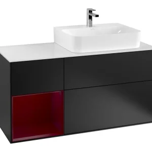 Sonderaktion Villeroy & Boch Finion Waschbeckenunterschrank für Becken rechts Regal links für Finion / Memento 2.0 3 Auszüge mit Beleuchtung (3x LED) 1200 x 603 x 501 mm - Black Matt Lacquer / Peony Matt Lacquer / Glass White Matt