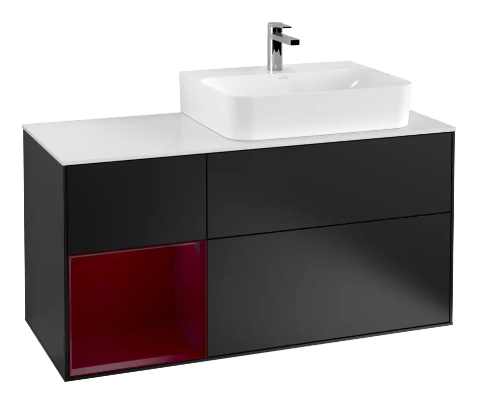 Sonderaktion Villeroy & Boch Finion Waschbeckenunterschrank für Becken rechts Regal links für Finion / Memento 2.0 3 Auszüge mit Beleuchtung (3x LED) 1200 x 603 x 501 mm - Black Matt Lacquer / Peony Matt Lacquer / Glass White Matt