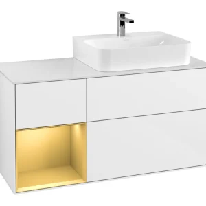 Jetzt Kaufen Villeroy & Boch Finion Waschbeckenunterschrank für Becken rechts Regal links für Finion / Memento 2.0 3 Auszüge mit Beleuchtung (3x LED) 1200 x 603 x 501 mm - Glossy White Lacquer / Gold Matt Lacquer / Glass White Matt
