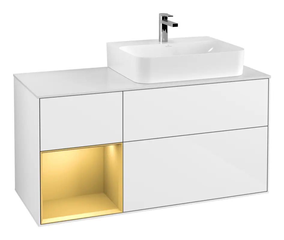 Jetzt Kaufen Villeroy & Boch Finion Waschbeckenunterschrank für Becken rechts Regal links für Finion / Memento 2.0 3 Auszüge mit Beleuchtung (3x LED) 1200 x 603 x 501 mm - Glossy White Lacquer / Gold Matt Lacquer / Glass White Matt