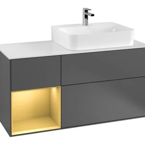 Jetzt Bestellen Villeroy & Boch Finion Waschbeckenunterschrank für Becken rechts Regal links für Finion / Memento 2.0 3 Auszüge mit Beleuchtung (3x LED) 1200 x 603 x 501 mm - Anthracite Matt Lacquer / Gold Matt Lacquer / Glass White Matt