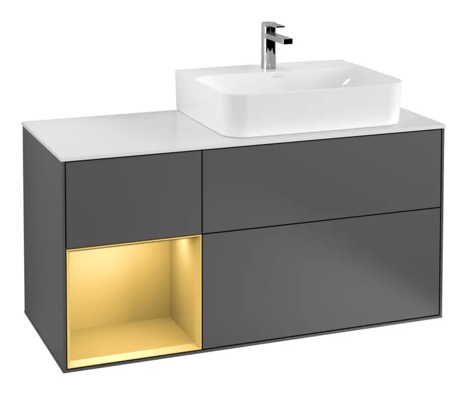 Jetzt Bestellen Villeroy & Boch Finion Waschbeckenunterschrank für Becken rechts Regal links für Finion / Memento 2.0 3 Auszüge mit Beleuchtung (3x LED) 1200 x 603 x 501 mm - Anthracite Matt Lacquer / Gold Matt Lacquer / Glass White Matt