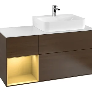 Villeroy & Boch Finion Waschbeckenunterschrank für Becken rechts Regal links für Finion / Memento 2.0 3 Auszüge mit Beleuchtung (3x LED) 1200 x 603 x 501 mm - Walnut Veneer / Gold Matt Lacquer / Glass White Matt Direkt Vom Hersteller