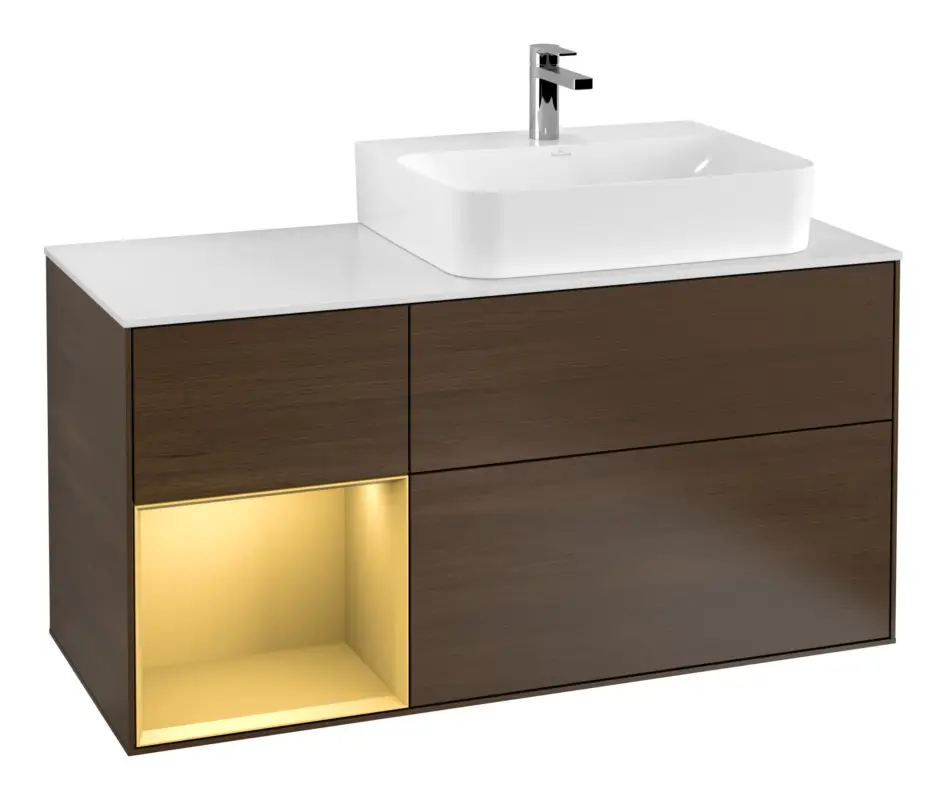 Villeroy & Boch Finion Waschbeckenunterschrank für Becken rechts Regal links für Finion / Memento 2.0 3 Auszüge mit Beleuchtung (3x LED) 1200 x 603 x 501 mm - Walnut Veneer / Gold Matt Lacquer / Glass White Matt Direkt Vom Hersteller