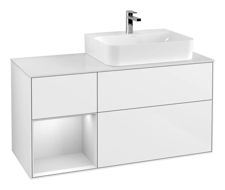Villeroy & Boch Finion Waschbeckenunterschrank für Becken rechts Regal links für Finion / Memento 2.0 3 Auszüge mit Beleuchtung (3x LED) 1200 x 603 x 501 mm - Glossy White Lacquer / White Matt Lacquer / Glass White Matt Begrenztes Angebot