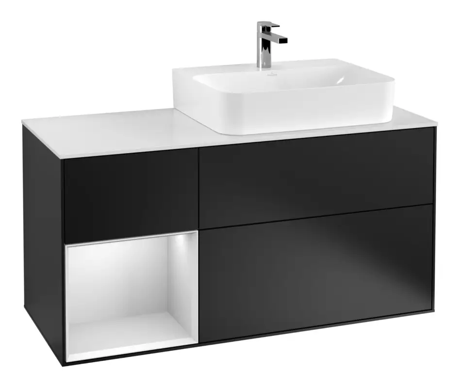 Villeroy & Boch Finion Waschbeckenunterschrank für Becken rechts Regal links für Finion / Memento 2.0 3 Auszüge mit Beleuchtung (3x LED) 1200 x 603 x 501 mm - Black Matt Lacquer / White Matt Lacquer / Glass White Matt Neue Kollektion