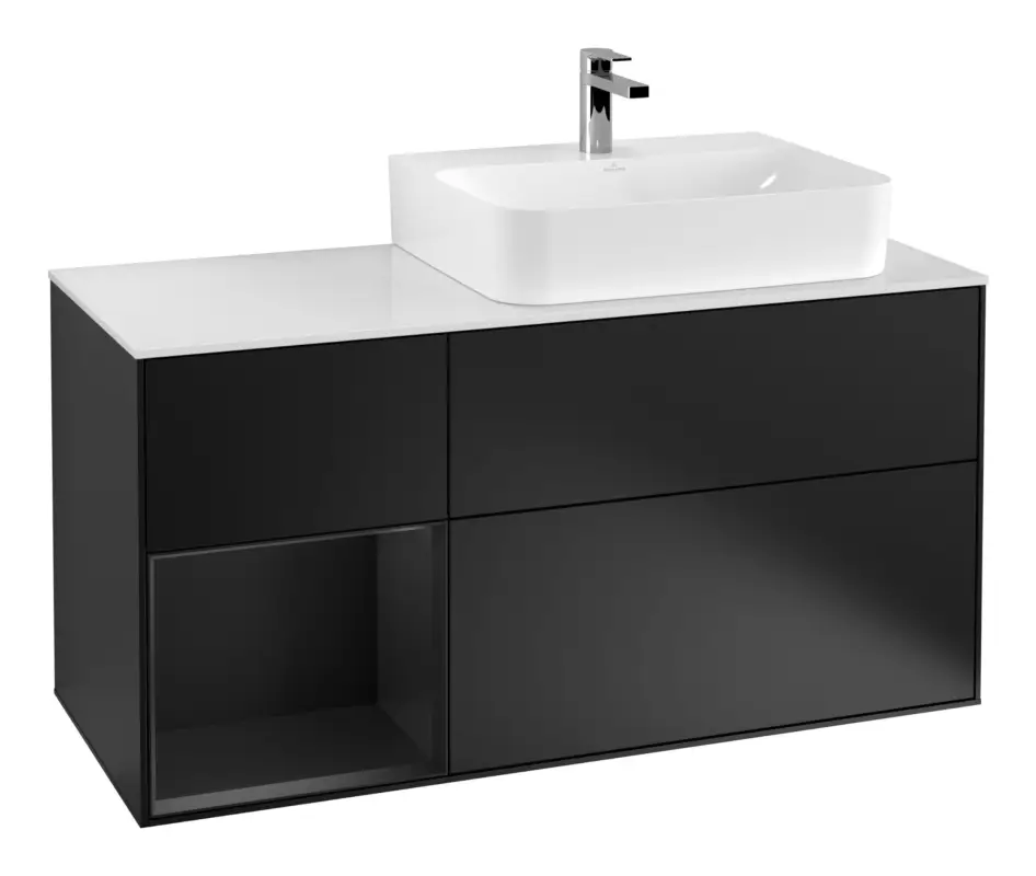 Billig Villeroy & Boch Finion Waschbeckenunterschrank für Becken rechts Regal links für Finion / Memento 2.0 3 Auszüge mit Beleuchtung (3x LED) 1200 x 603 x 501 mm - Black Matt Lacquer / Glass White Matt