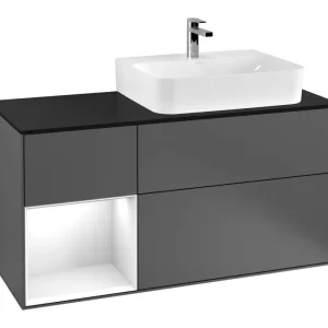 Zertifiziert Villeroy & Boch Finion Waschbeckenunterschrank für Becken rechts Regal links für Finion / Memento 2.0 3 Auszüge mit Beleuchtung (3x LED) 1200 x 603 x 501 mm - Anthracite Matt Lacquer / Glossy White Lacquer / Glass Black Matt