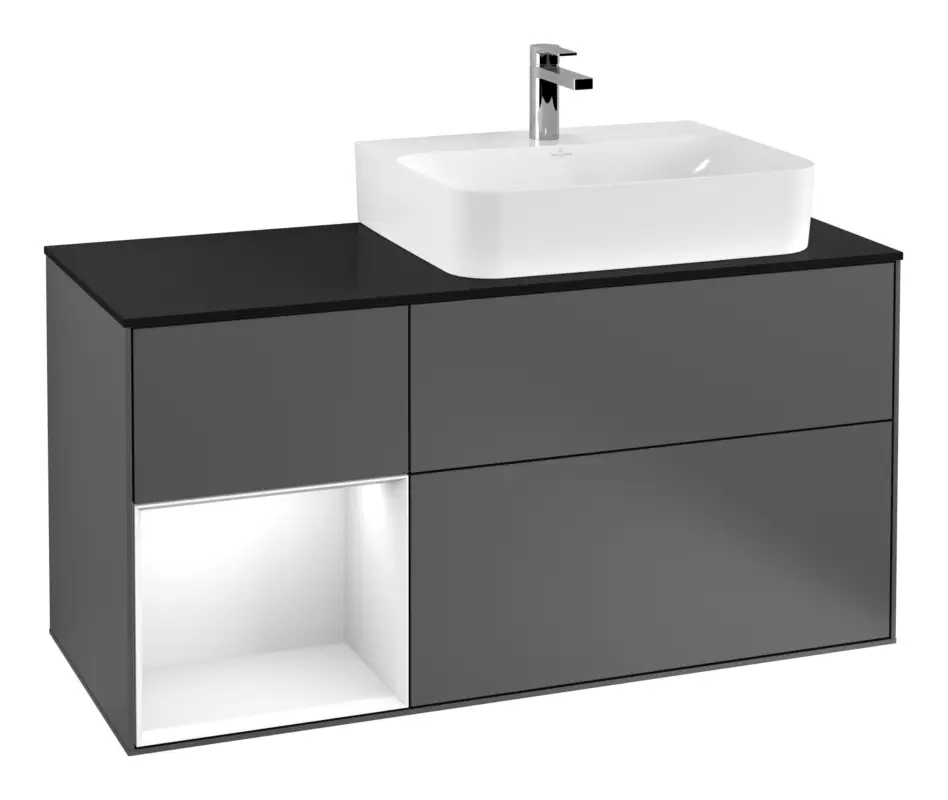 Zertifiziert Villeroy & Boch Finion Waschbeckenunterschrank für Becken rechts Regal links für Finion / Memento 2.0 3 Auszüge mit Beleuchtung (3x LED) 1200 x 603 x 501 mm - Anthracite Matt Lacquer / Glossy White Lacquer / Glass Black Matt