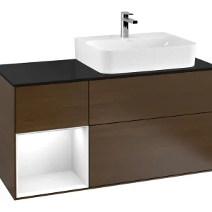 Zertifiziert Villeroy & Boch Finion Waschbeckenunterschrank für Becken rechts Regal links für Finion / Memento 2.0 3 Auszüge mit Beleuchtung (3x LED) 1200 x 603 x 501 mm - Walnut Veneer / Glossy White Lacquer / Glass Black Matt