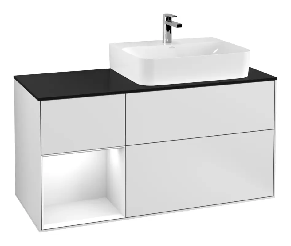 Villeroy & Boch Finion Waschbeckenunterschrank für Becken rechts Regal links für Finion / Memento 2.0 3 Auszüge mit Beleuchtung (3x LED) 1200 x 603 x 501 mm - White Matt Lacquer / Glossy White Lacquer / Glass Black Matt Direkt Vom Hersteller