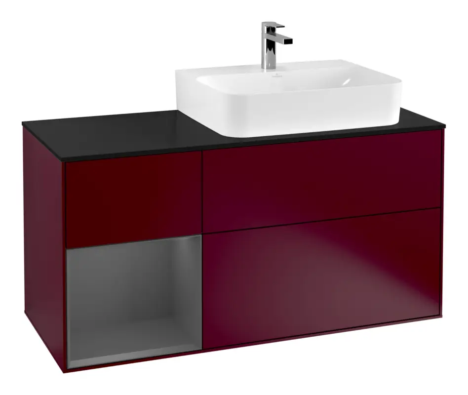 Villeroy & Boch Finion Waschbeckenunterschrank für Becken rechts Regal links für Finion / Memento 2.0 3 Auszüge mit Beleuchtung (3x LED) 1200 x 603 x 501 mm - Peony Matt Lacquer / Anthracite Matt Lacquer / Glass Black Matt Echt