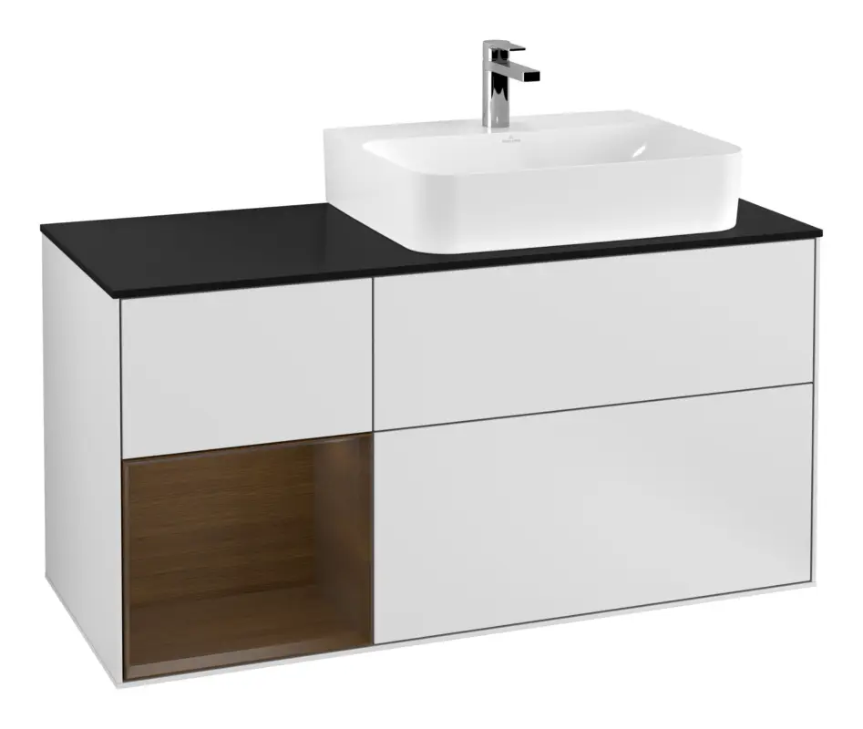 Super-Preis Villeroy & Boch Finion Waschbeckenunterschrank für Becken rechts Regal links für Finion / Memento 2.0 3 Auszüge mit Beleuchtung (3x LED) 1200 x 603 x 501 mm - White Matt Lacquer / Walnut Veneer / Glass Black Matt