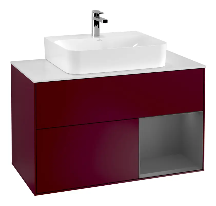 Villeroy & Boch Finion Waschbeckenunterschrank für Becken mittig Regal rechts für Finion / Memento 2.0 2 Auszüge mit Beleuchtung (1x LED) 1000 x 603 x 501 mm - Peony Matt Lacquer / Anthracite Matt Lacquer / Glass White Matt Highlight