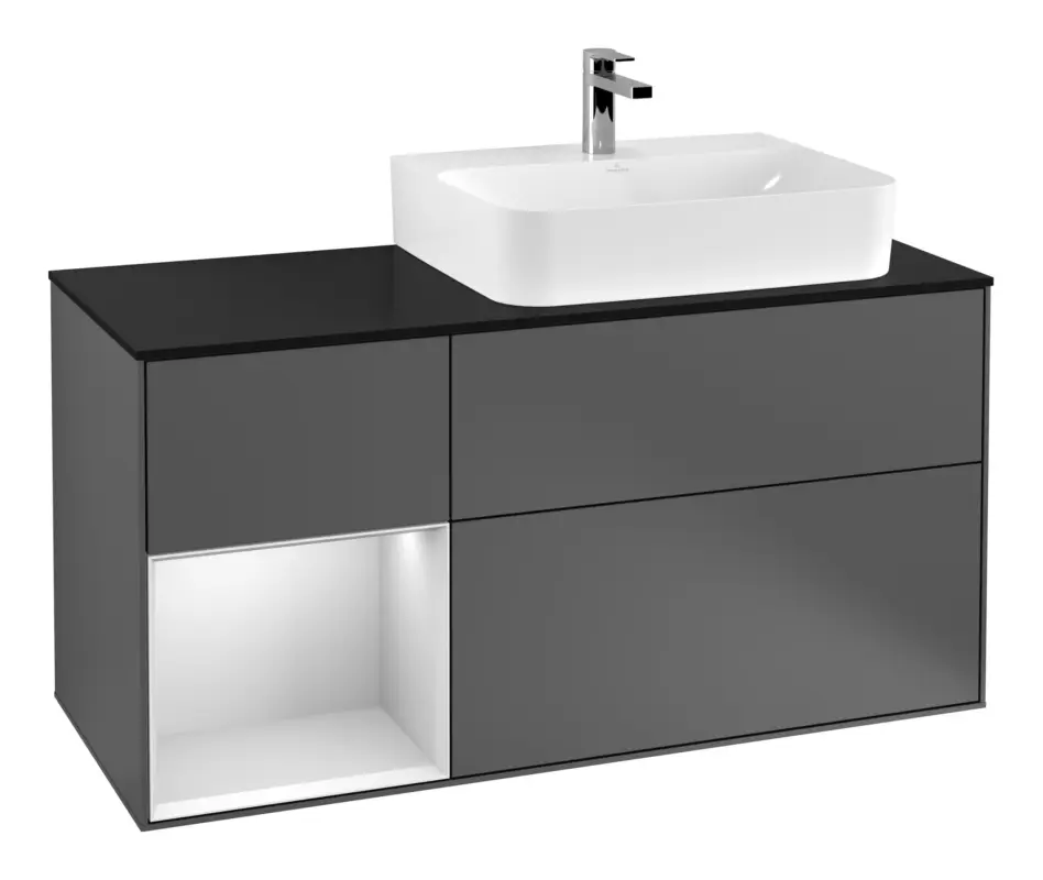 Jetzt Bestellen Villeroy & Boch Finion Waschbeckenunterschrank für Becken rechts Regal links für Finion / Memento 2.0 3 Auszüge mit Beleuchtung (3x LED) 1200 x 603 x 501 mm - Anthracite Matt Lacquer / White Matt Lacquer / Glass Black Matt