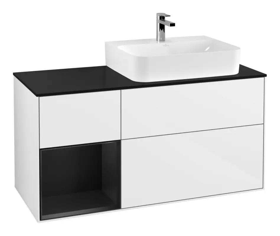 Villeroy & Boch Finion Waschbeckenunterschrank für Becken rechts Regal links für Finion / Memento 2.0 3 Auszüge mit Beleuchtung (3x LED) 1200 x 603 x 501 mm - Glossy White Lacquer / Black Matt Lacquer / Glass Black Matt Knallerangebot